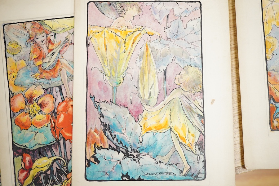 Flora White (Early 20th. C), Set of six original watercolours for childrens' postcard designs, Fairy Songs to include ‘Songs of falling leaves’ and ‘Song of early morning’, each inscribed in pencil, largest 27 x 19cm